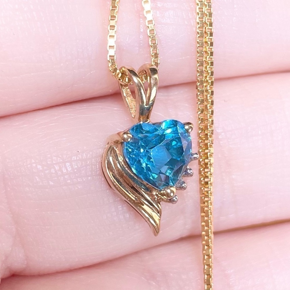 london blue topaz heart cut 10k solid yellow gold open heart diamond pendant - Picture 1 of 9